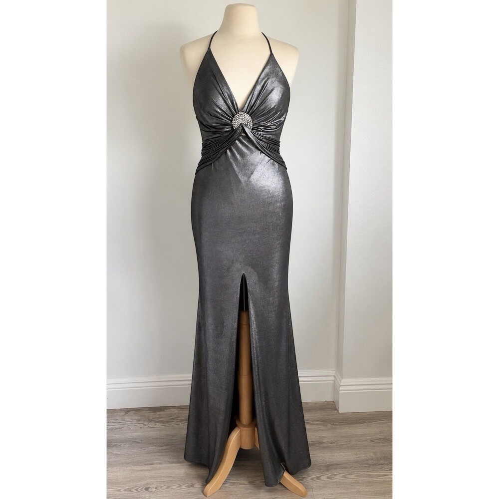 Faviana Couture Metallic Gunmetal Halter Gown Size 8 Y2K Prom Formal